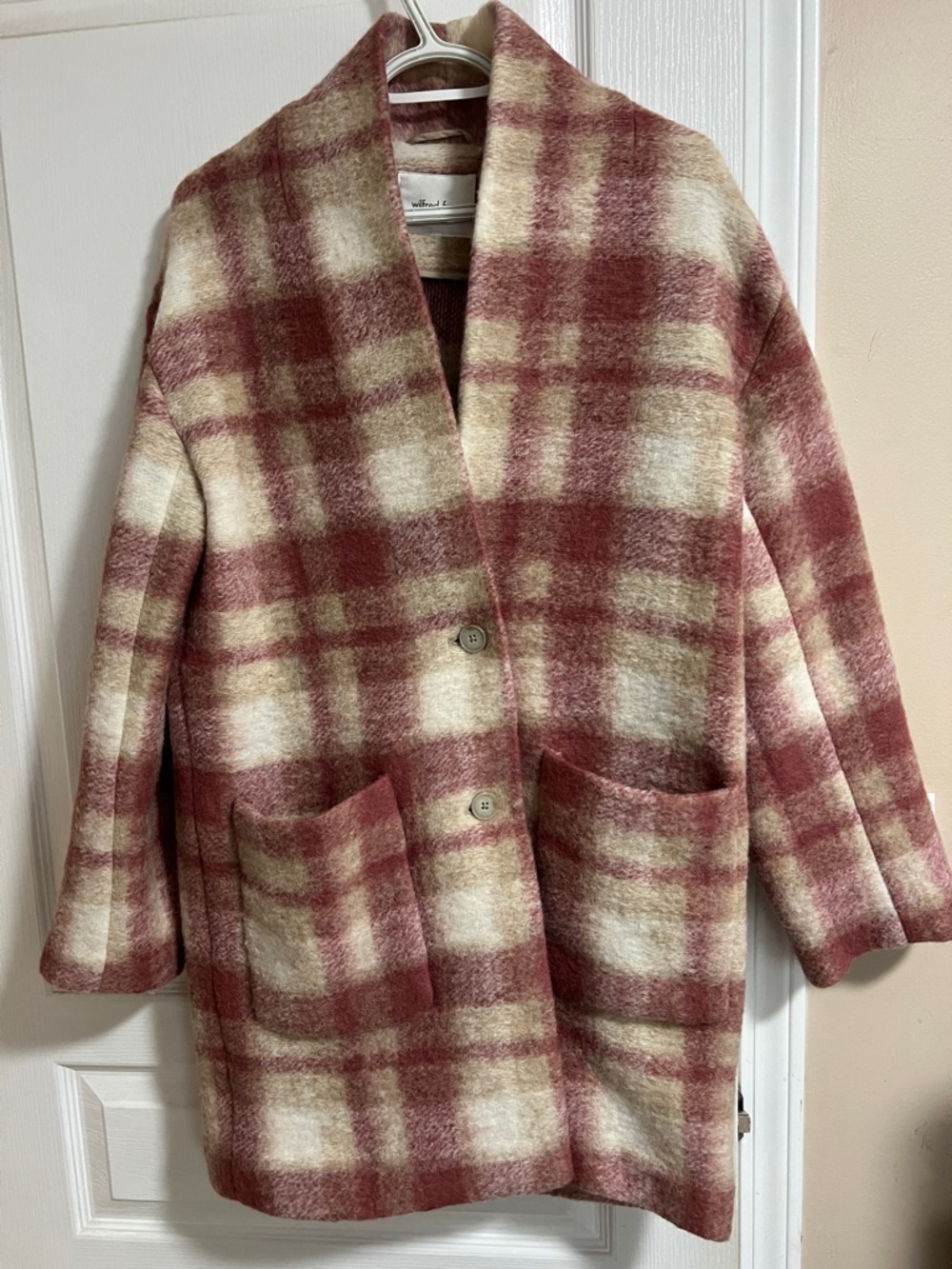 Aritzia Womens Pink Cream Plaid Button Front Coat oversize